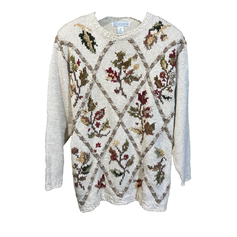 Vintage Fall Leaf Embroidered Thick Sweater Sz Medium Beige Cottage Grandmacore